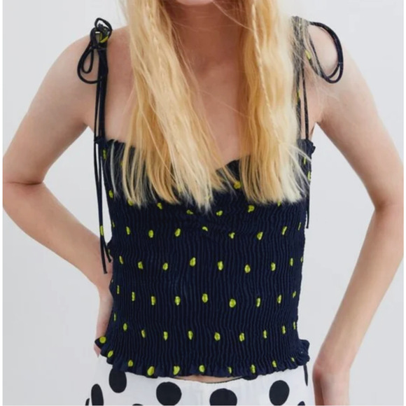 Zara Navy & Yellow Polka Dot Smocked Tube Top XS - Picture 8 of 13